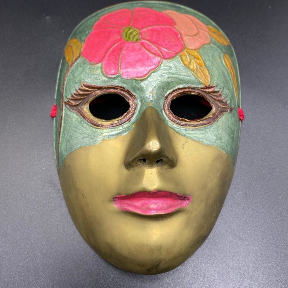 Vintage Brass mask signed by‎ artist 1991 Venetian, enamel hand painted floral